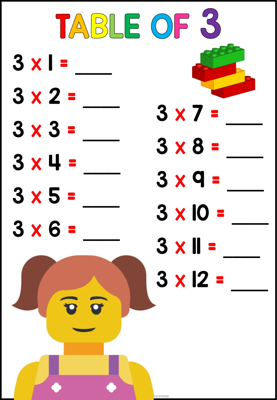 Times table of 3: students write the answers to 3 x 1 up to 3 x 12; a toy figure with pigtails decorates the page