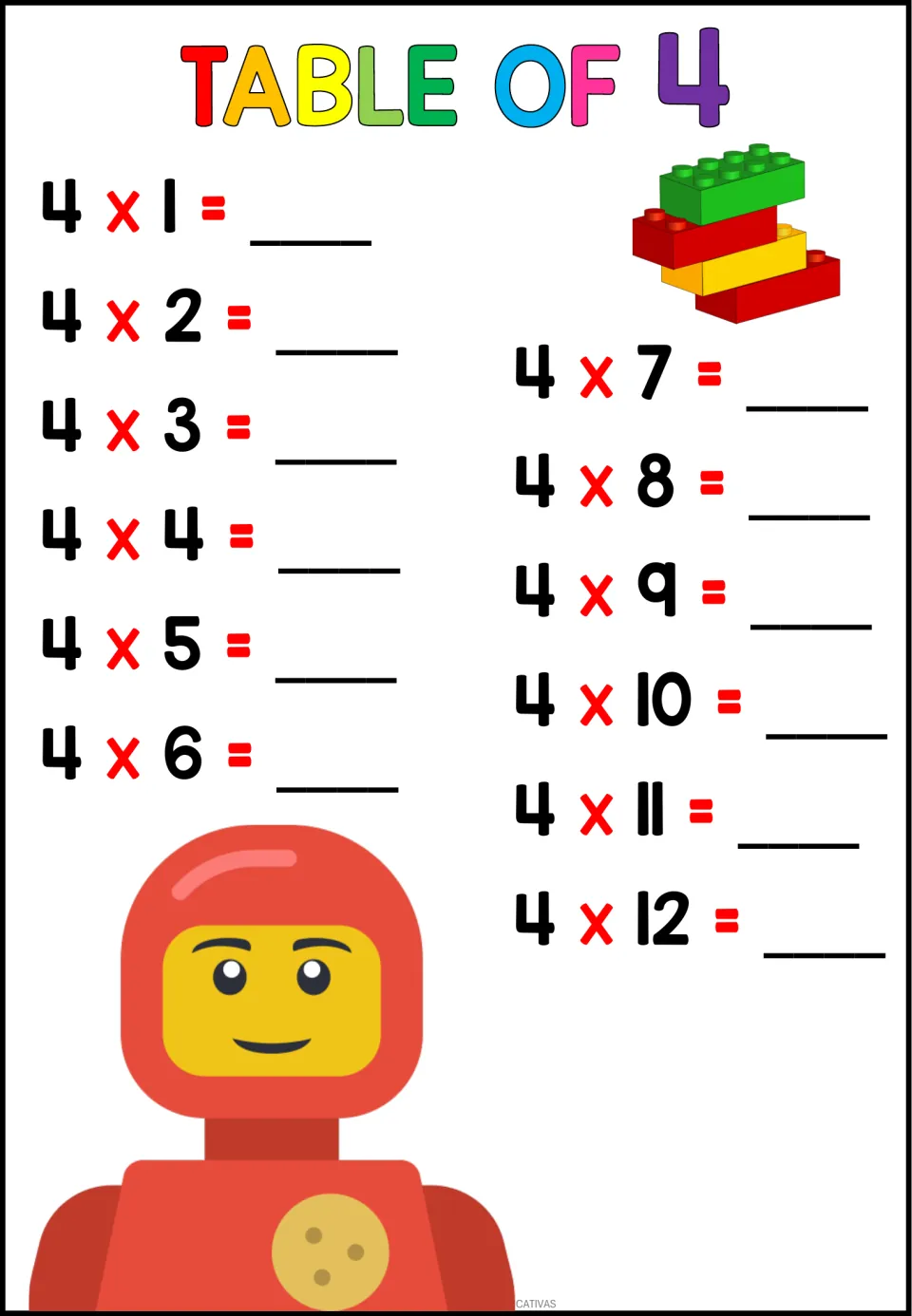 Times table of 4: 12 blank facts from 4 x 1 to 4 x 12 for students to complete, with a red spacesuit figure