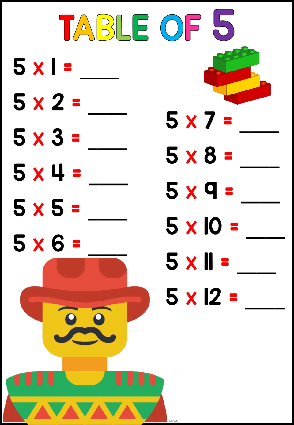 Times table of 5: students solve 5 x 1 through 5 x 12 and write each product; a mustached figure in a wide hat