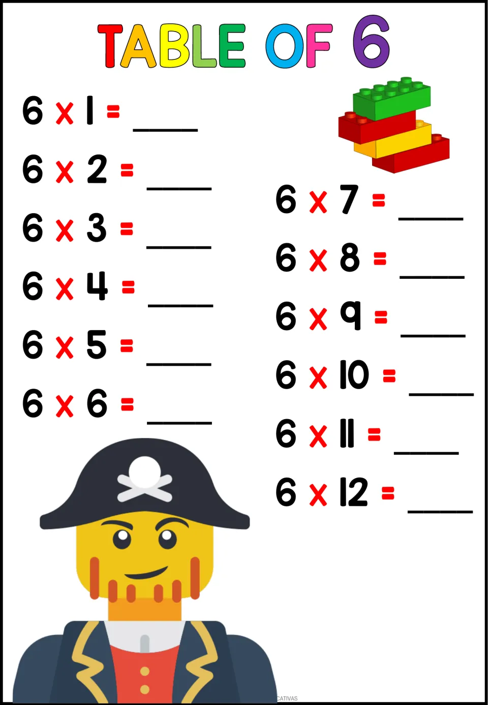 Times table of 6: students complete the facts 6 x 1 to 6 x 12 on the blanks, next to a pirate captain figure