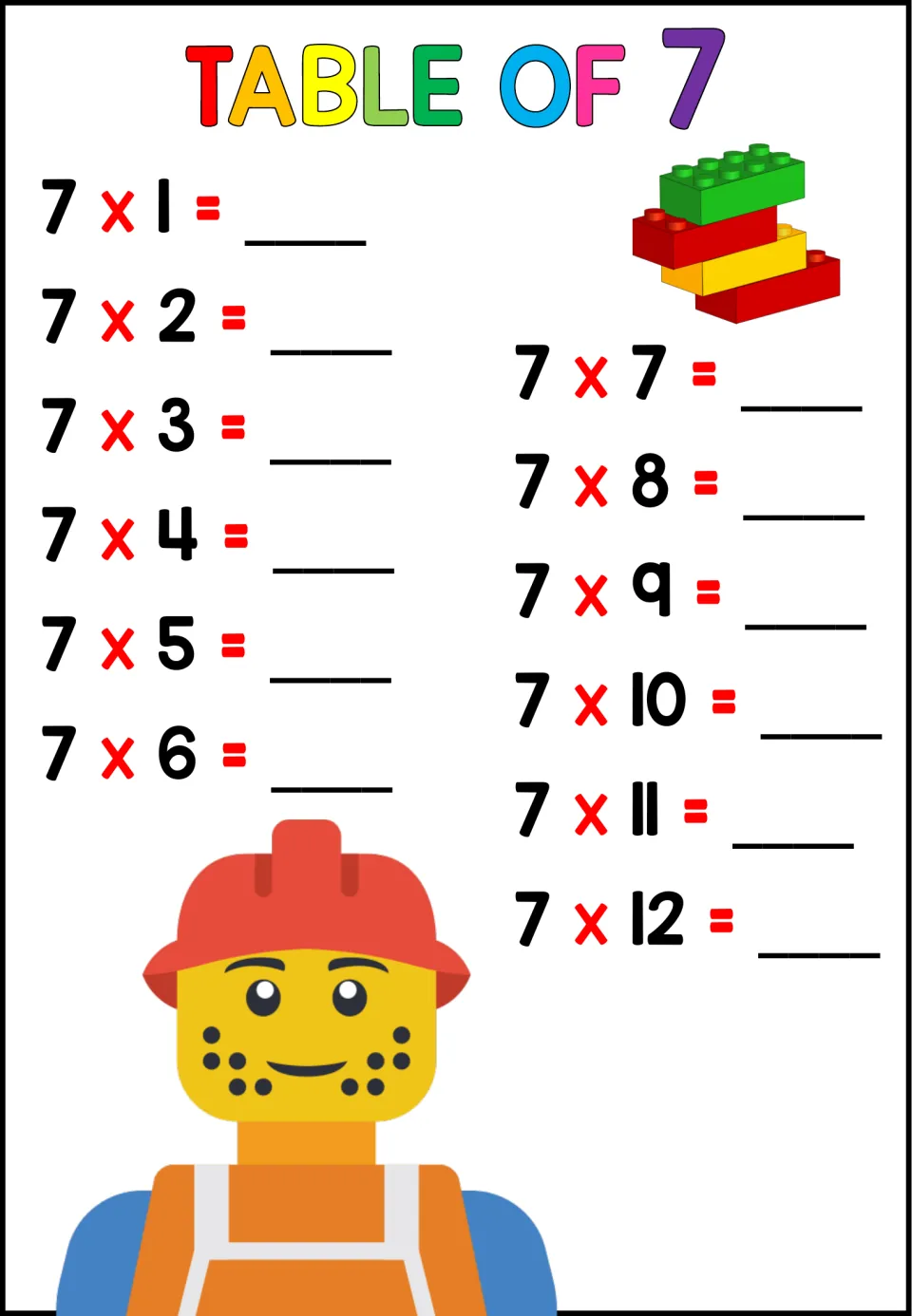 Times table of 7: blank products for 7 x 1 through 7 x 12 for students to fill in, shown with a hard-hat builder