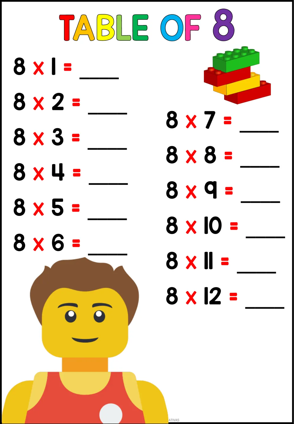 Times table of 8: students write products for 8 x 1 to 8 x 12, with a figure in a red tank top beside the facts