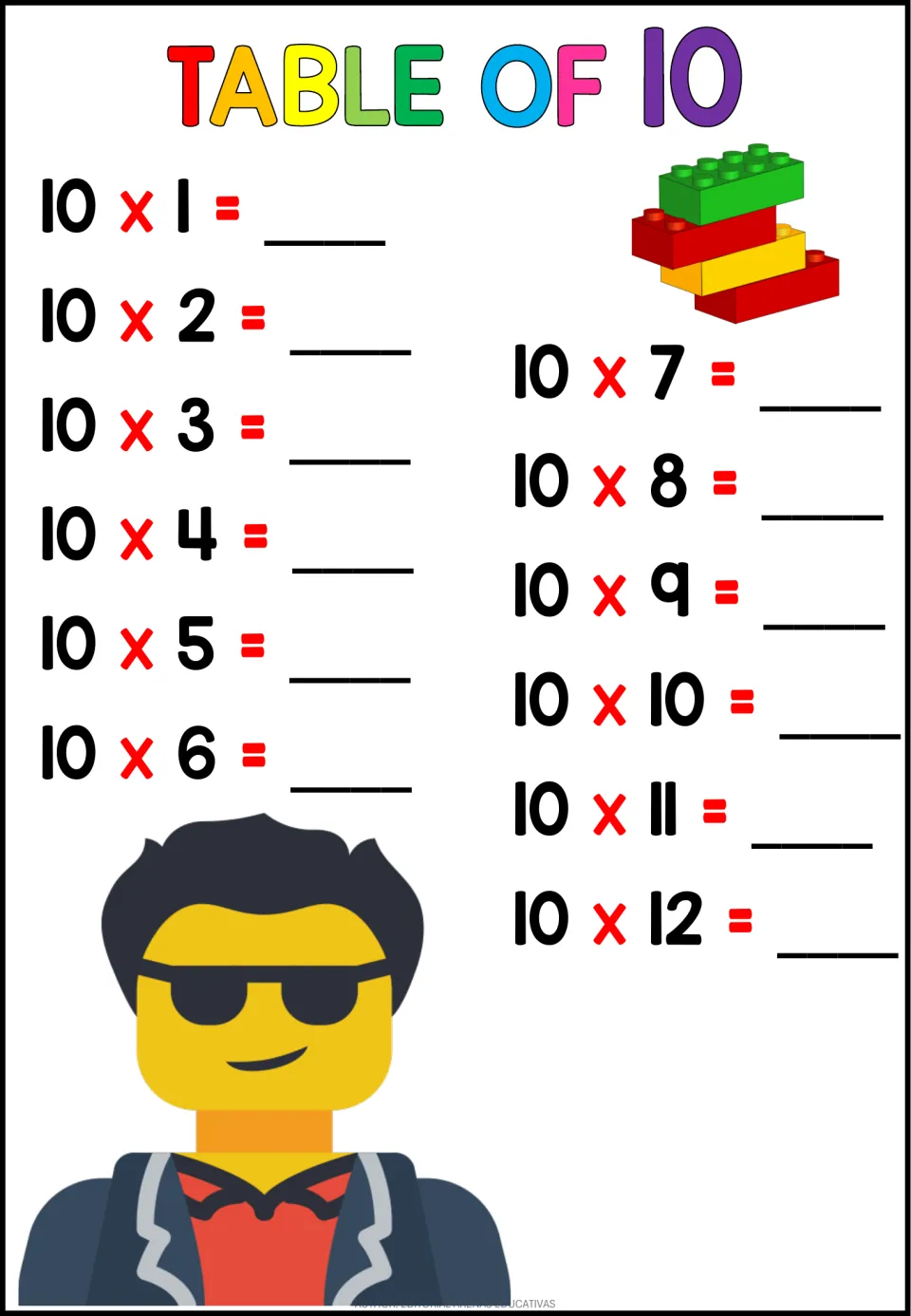 Times table of 10: students complete 10 x 1 up to 10 x 12, alongside a figure in sunglasses and a dark jacket