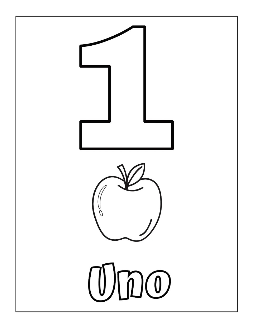 Number 1 in Italian: students color a large outline numeral 1, one apple to count and the word Uno in bubble letters
