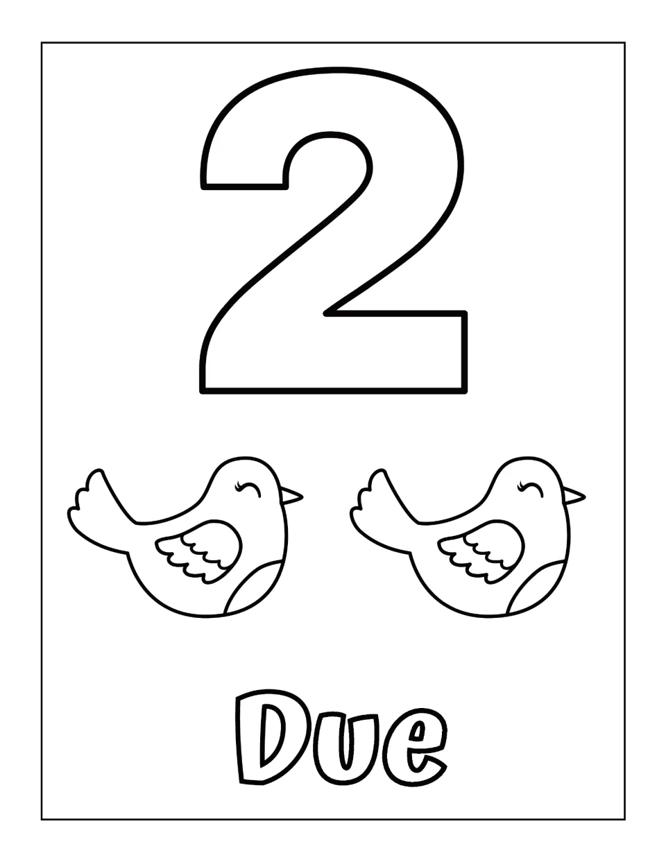 Number 2 in Italian: students color an outline numeral 2, count two birds and color the word Due in bubble letters