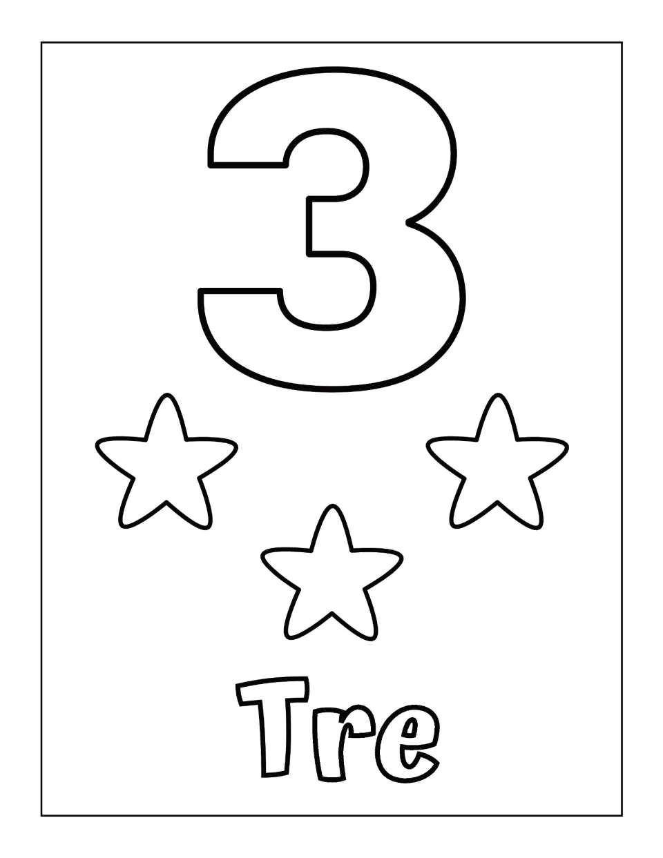 Number 3 in Italian: three stars to count and color below an outline numeral 3, with the word Tre in bubble letters