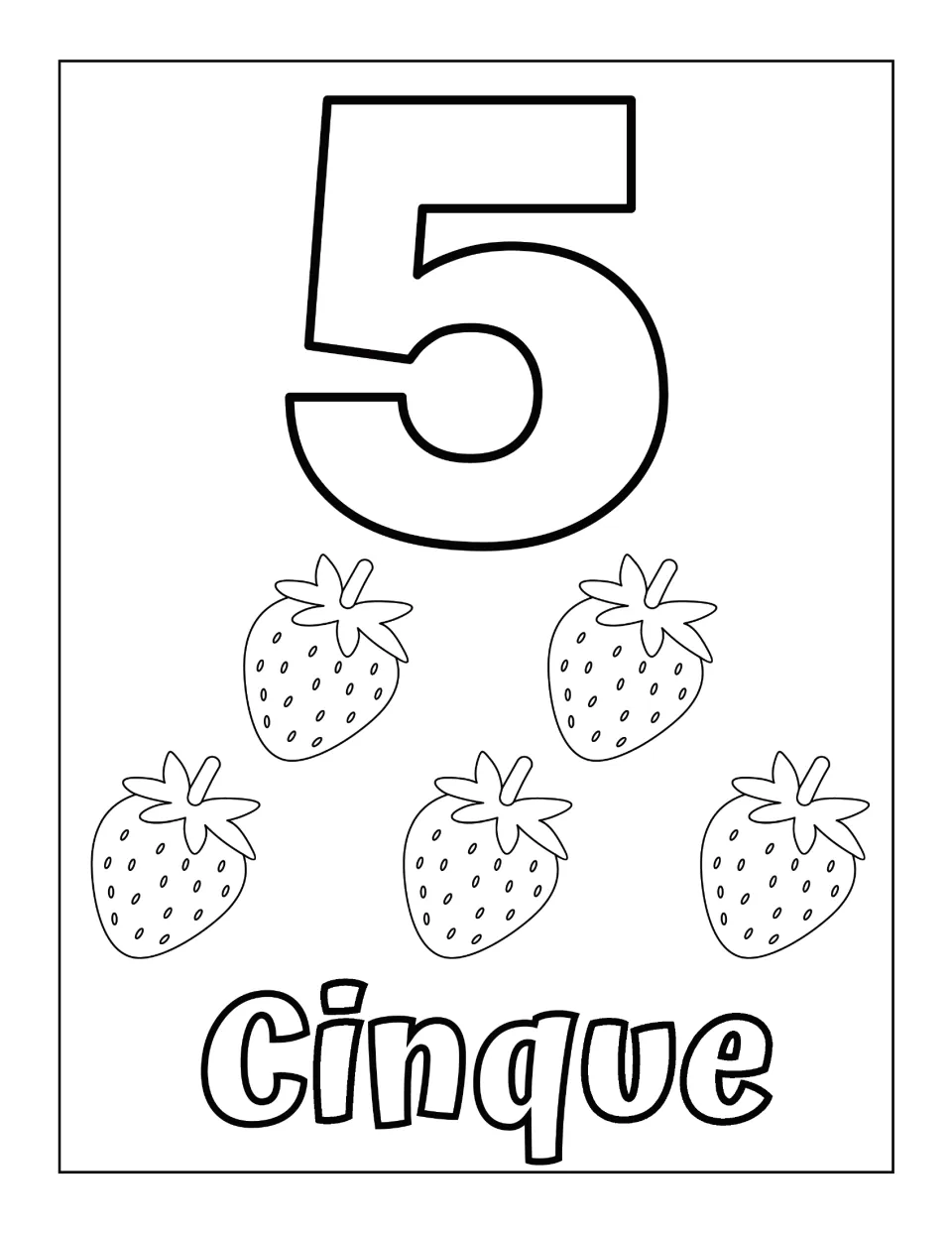 Number 5 in Italian: students color five strawberries, a large outline 5 and the word Cinque in bubble letters