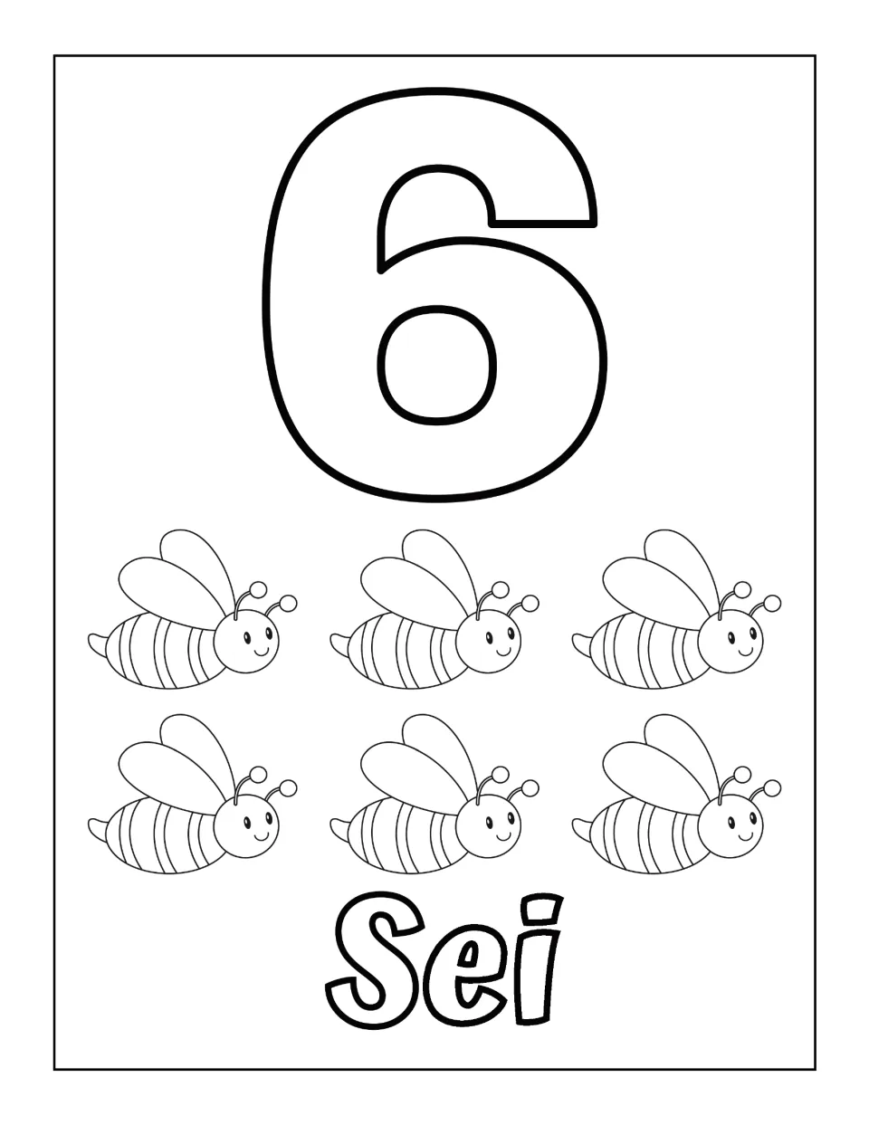 Number 6 in Italian: six smiling bees in two rows to count and color under an outline 6, with the word Sei