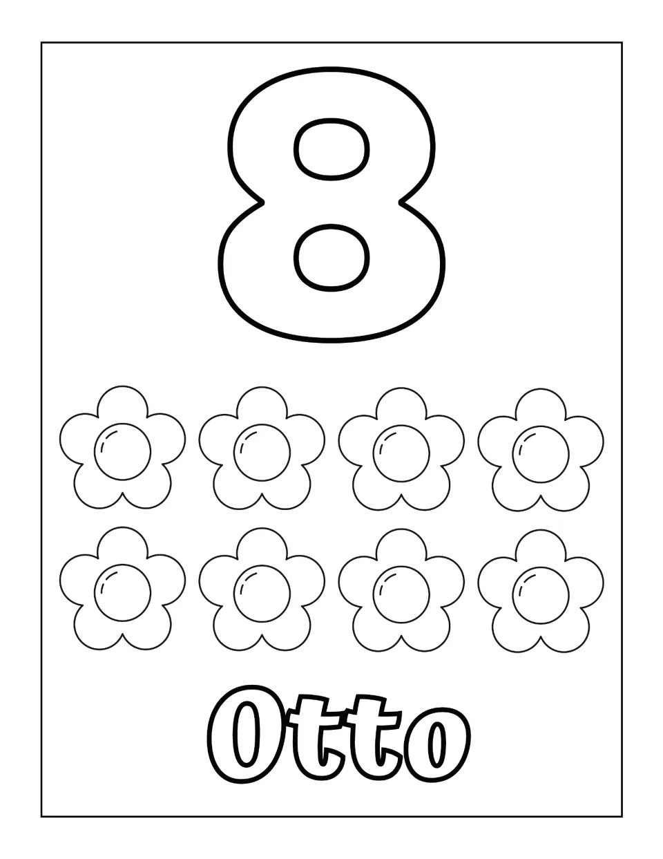 Number 8 in Italian: eight flowers in two rows of four to count and color, with an outline 8 and the word Otto