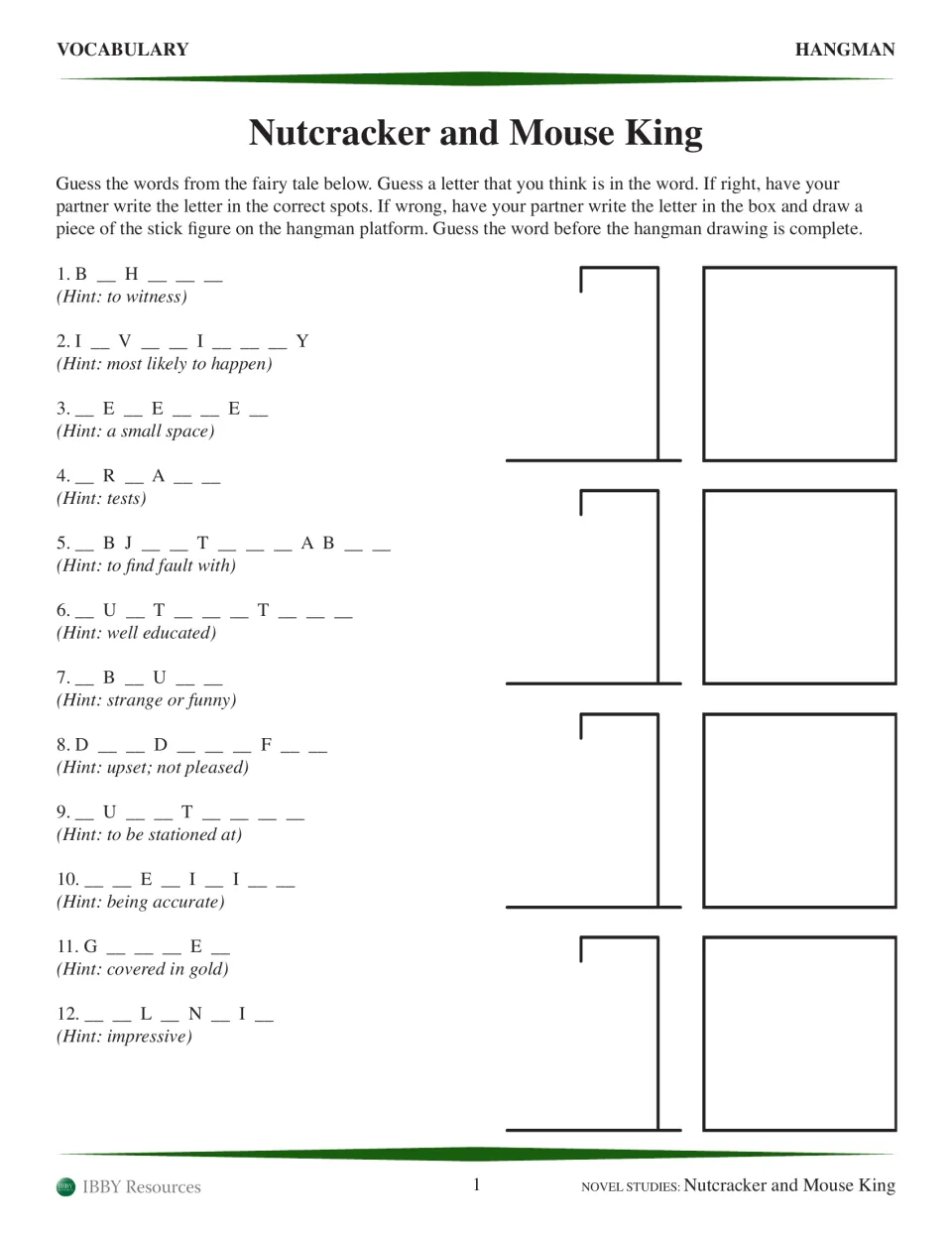 Vocabulary hangman activity with 12 words to guess from clues, including meanings for behold and splendid