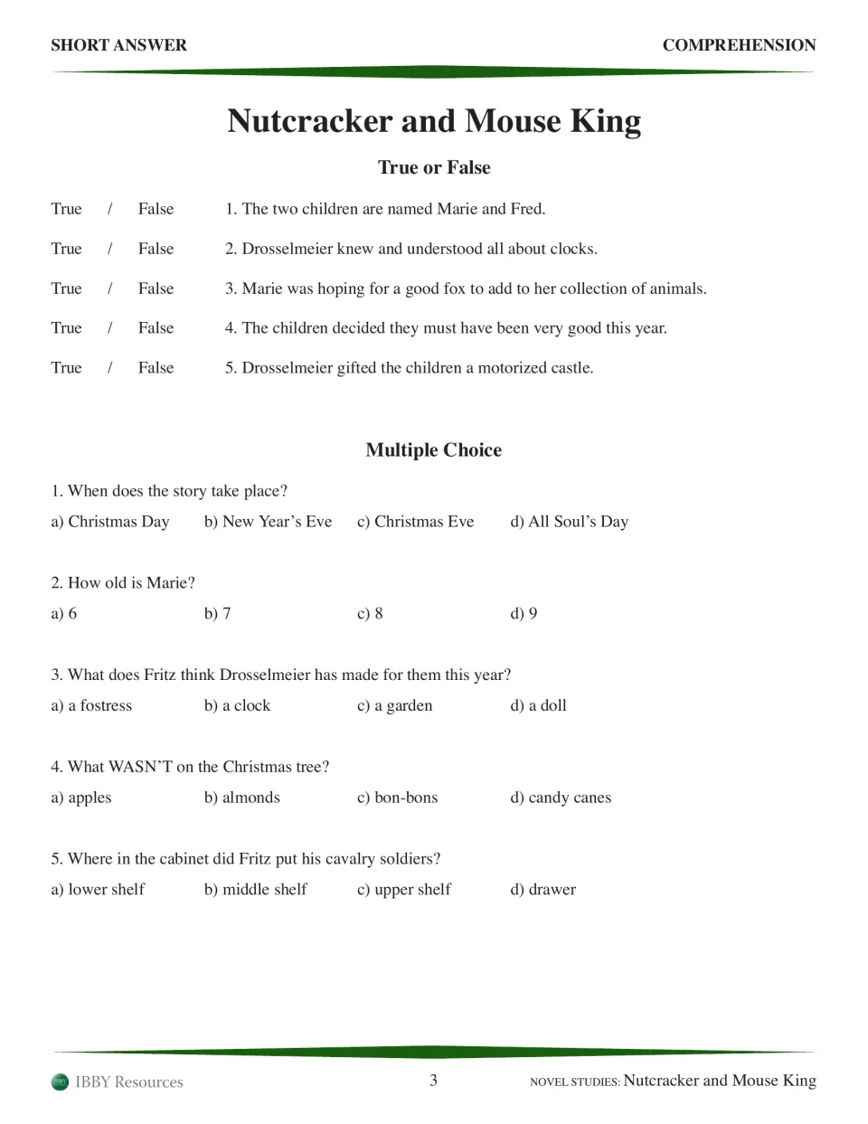 Comprehension practice asks five true-or-false and five multiple-choice questions about Christmas Eve