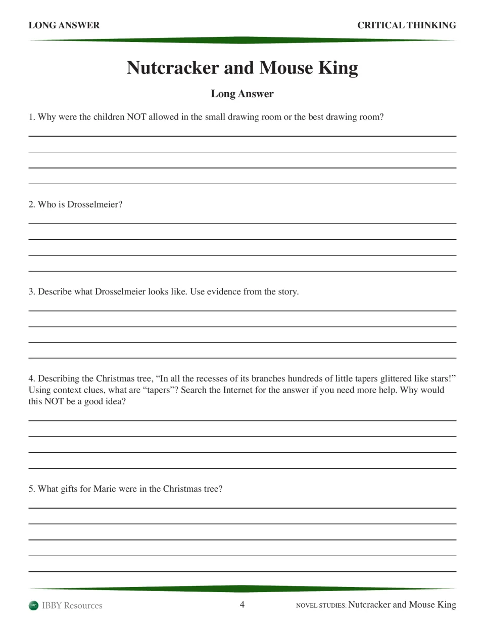 Five long-answer questions cover the drawing rooms, Drosselmeier, Christmas tree tapers, and Marie’s gifts