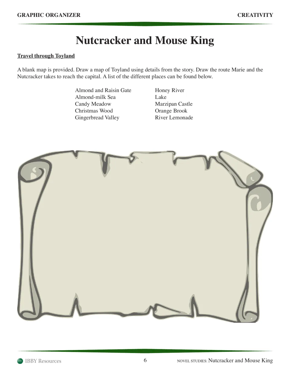Toyland map activity asks students to draw Marie and the Nutcracker’s route using ten listed locations