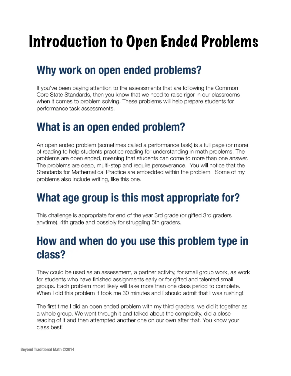 Teacher introduction explains open-ended problems, appropriate grade levels, and ways to use the project