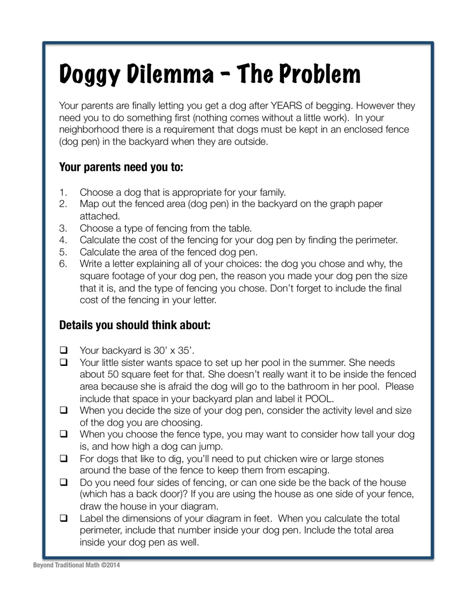 Dog-pen problem asks students to plan a 30-by-35-foot backyard, find area and fencing cost, and write a letter