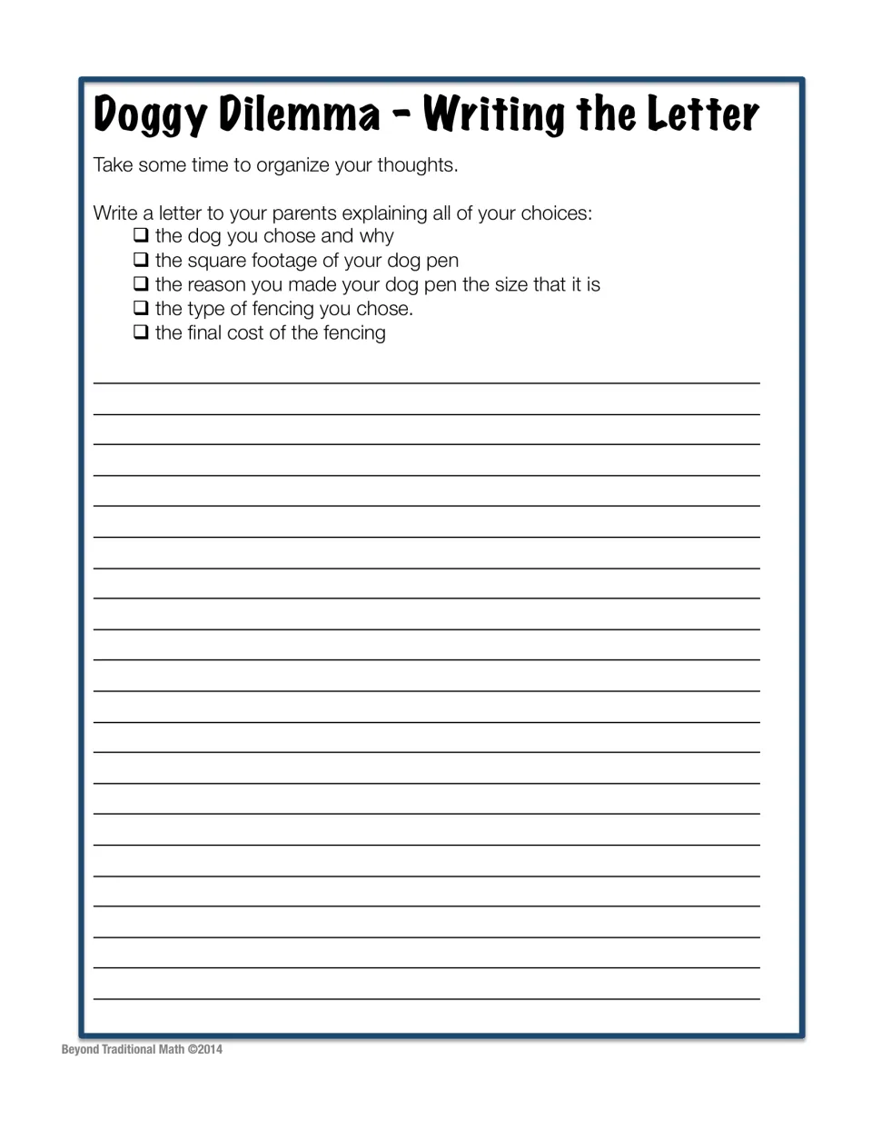 Letter-writing sheet asks students to explain their dog choice, pen size, fencing type, and final fencing cost