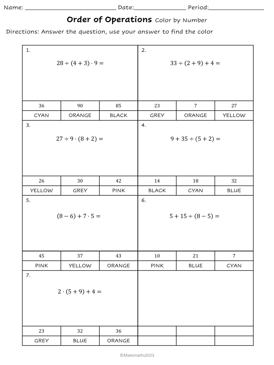 Order of operations with parentheses: students solve 7 expressions, then pick the matching answer to find its color