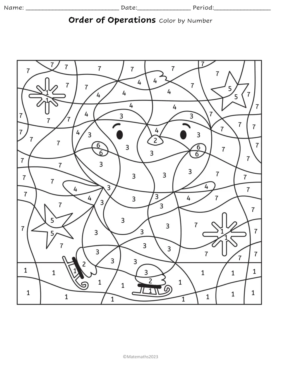 Winter coloring picture of a penguin ice skating, with numbers 1 to 7 in each section for students to color by code