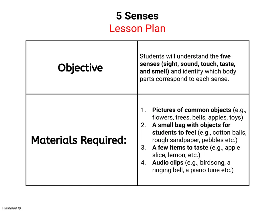 Lesson objective on naming sight, sound, touch, taste and smell, plus materials: object pictures, feel bag, foods, audio