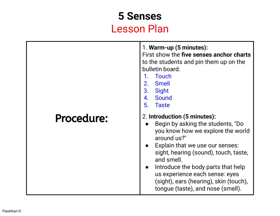 Lesson procedure: a 5-minute warm-up with the sense charts, then an introduction matching eyes, ears, skin, tongue and nose