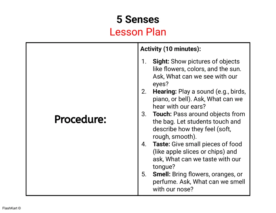 Lesson activity steps for each sense: view pictures, hear sounds, feel bag objects, taste food and smell flowers or perfume