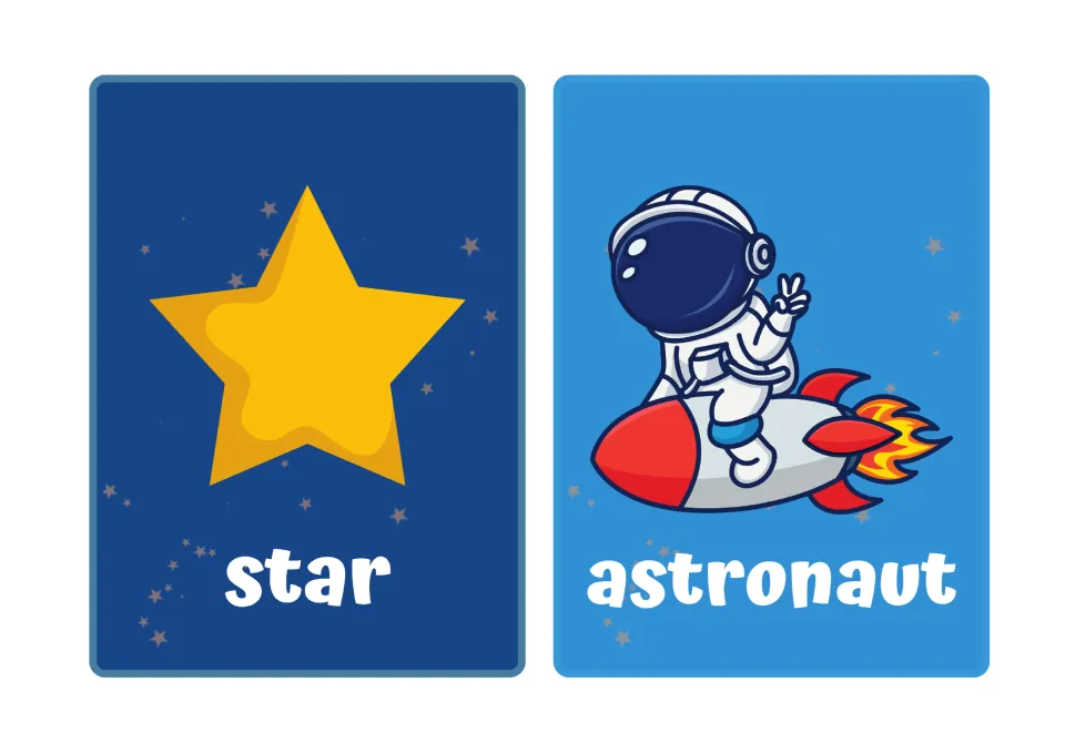 Space vocabulary flashcards: a yellow star card and an astronaut-on-a-rocket card, each with its word printed below