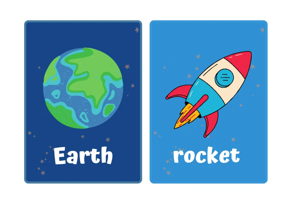 Space vocabulary flashcards: an Earth card and a rocket card, with the word printed under each picture for naming