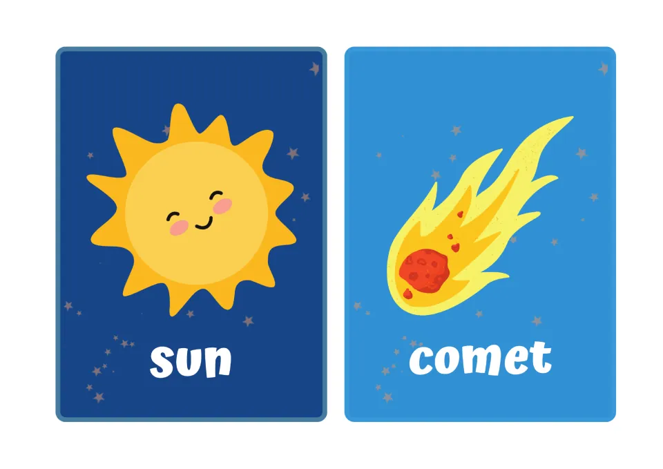 Space vocabulary flashcards: a smiling sun card and a flaming comet card, each labeled with its word for reading aloud