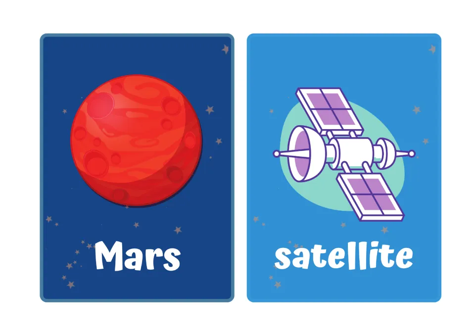 Space vocabulary flashcards: a red cratered Mars card and a satellite card with solar panels, each with its word below