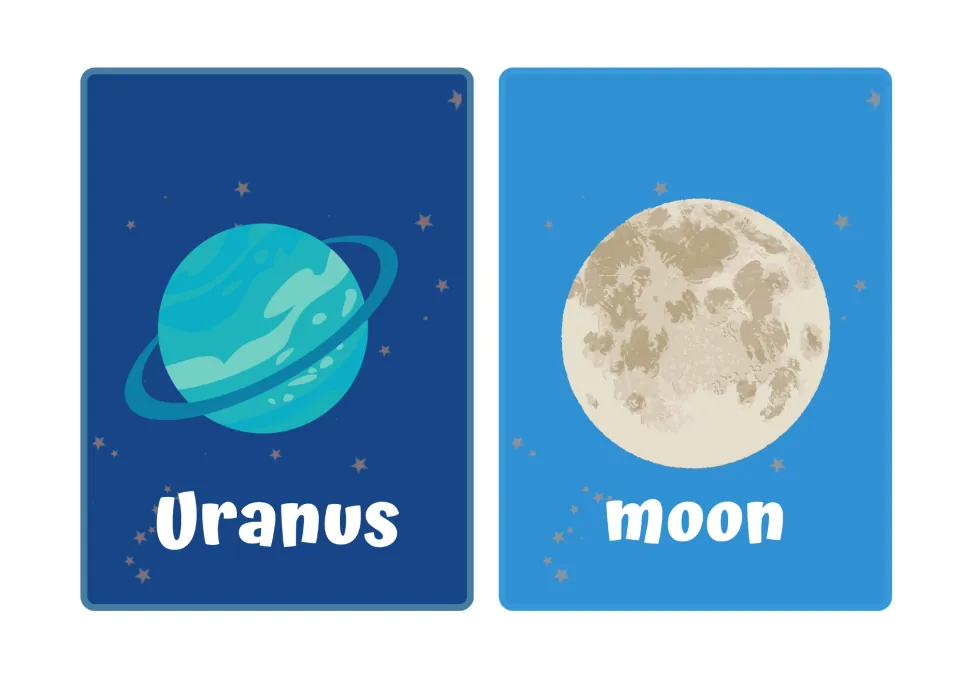 Space vocabulary flashcards: a ringed teal Uranus card and a cratered moon card, each with its word printed below