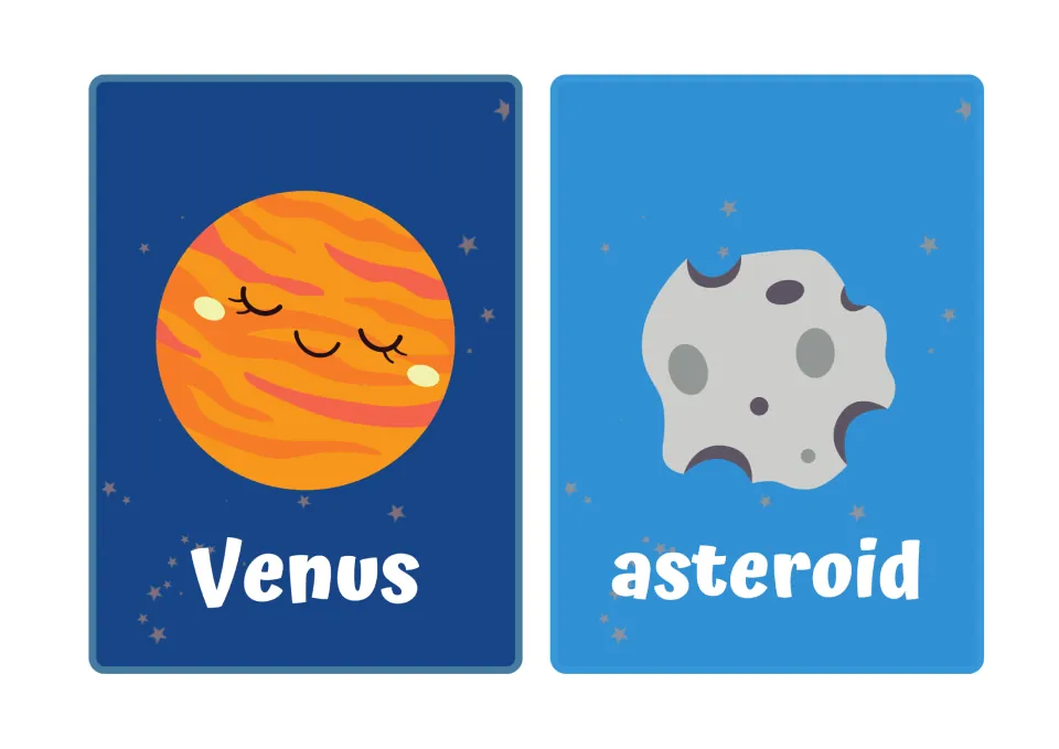 Space vocabulary flashcards: an orange Venus card with a sleepy face and a gray asteroid card, each labeled below