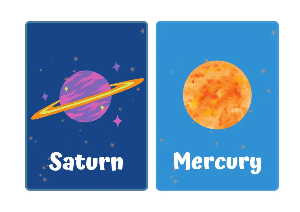 Space vocabulary flashcards: a purple ringed Saturn card and an orange watercolor Mercury card, each with its name below