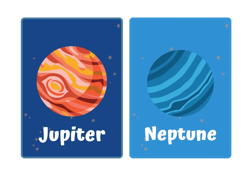 Space vocabulary flashcards: a swirling red-orange Jupiter card and a striped blue Neptune card, each with its name below