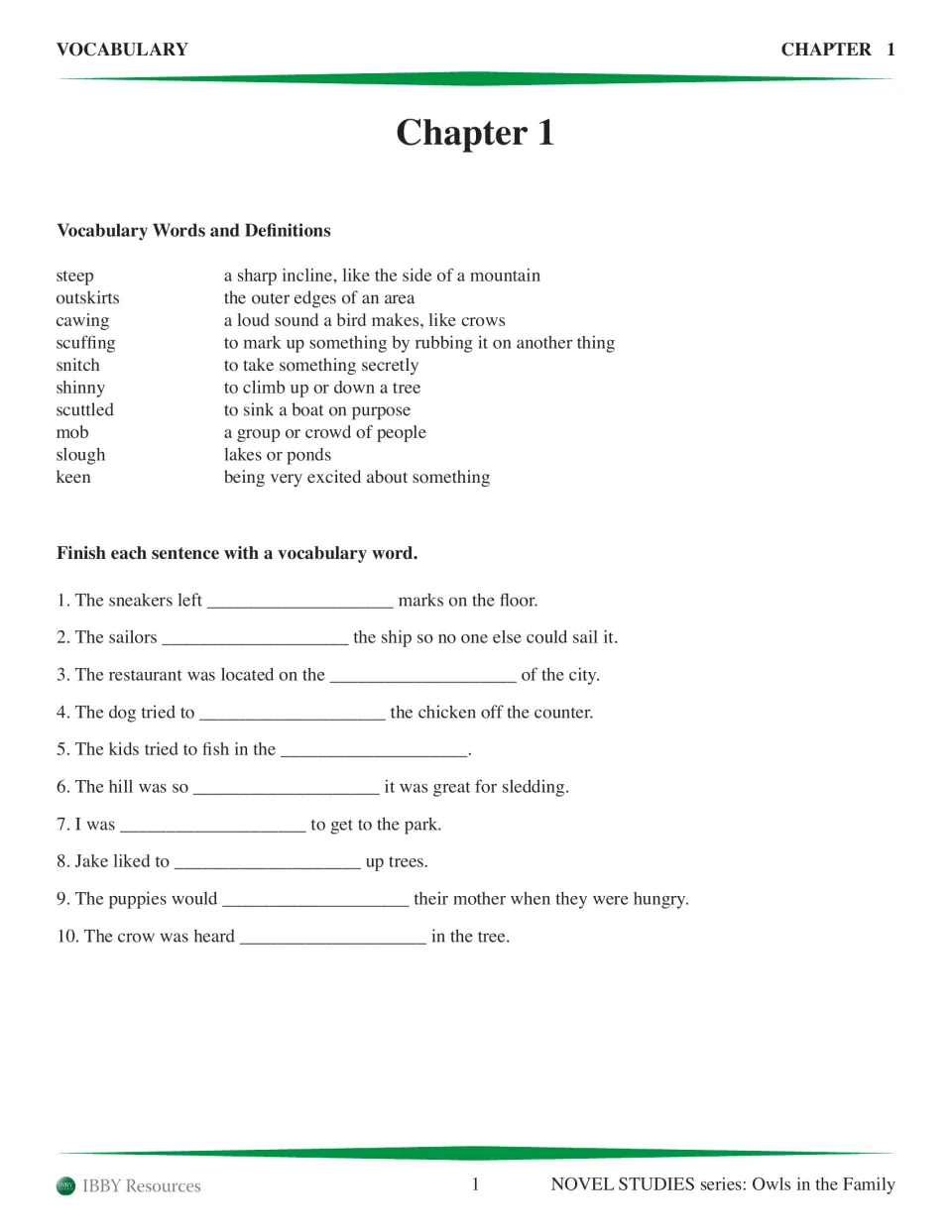 Chapter 1 vocabulary: 10 definitions and sentence blanks for steep, outskirts, cawing, scuffing and six more