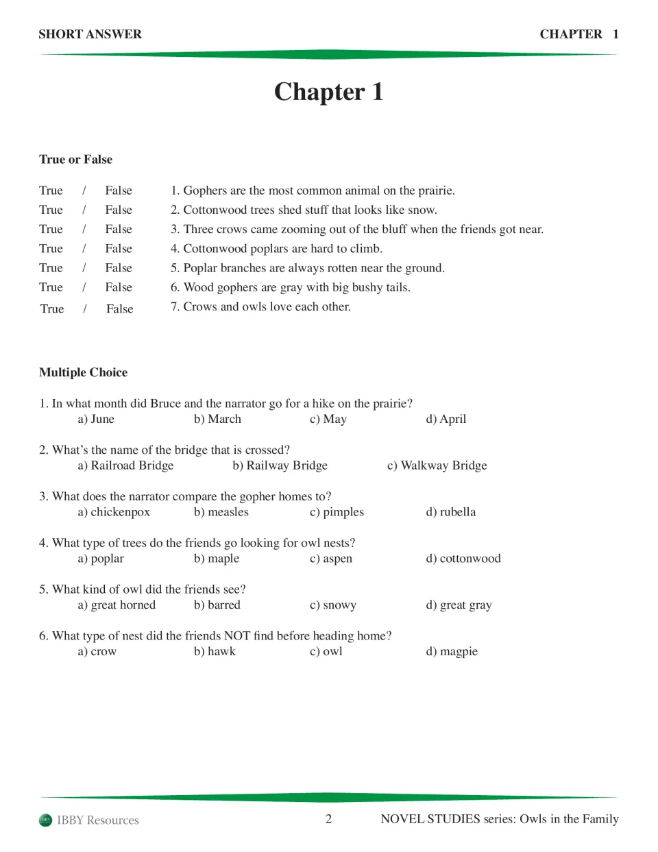 Chapter 1 comprehension: seven true-or-false and six multiple-choice questions about the prairie and owls