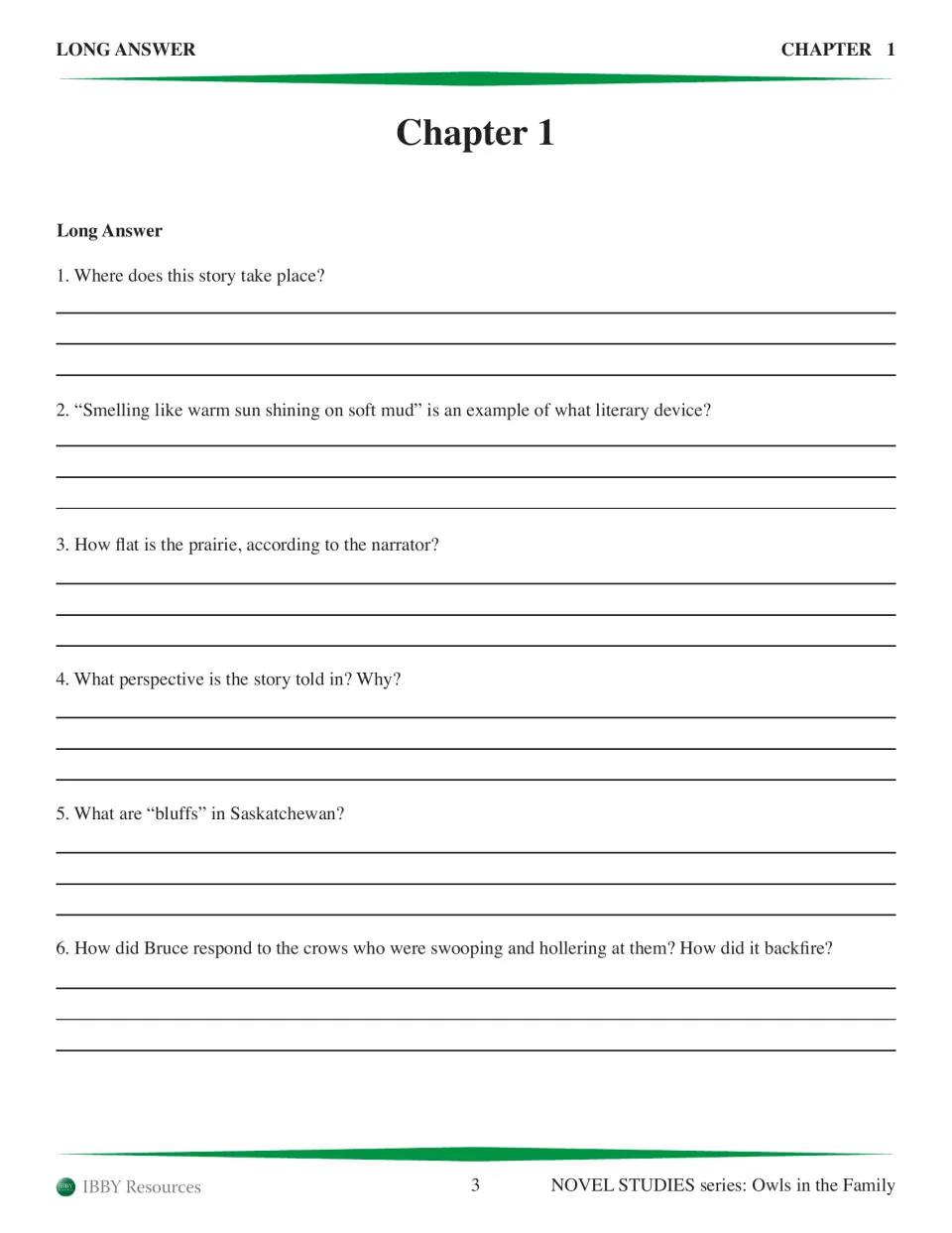 Chapter 1 long-answer questions 1–6 cover setting, imagery, prairie flatness, point of view, bluffs and Bruce
