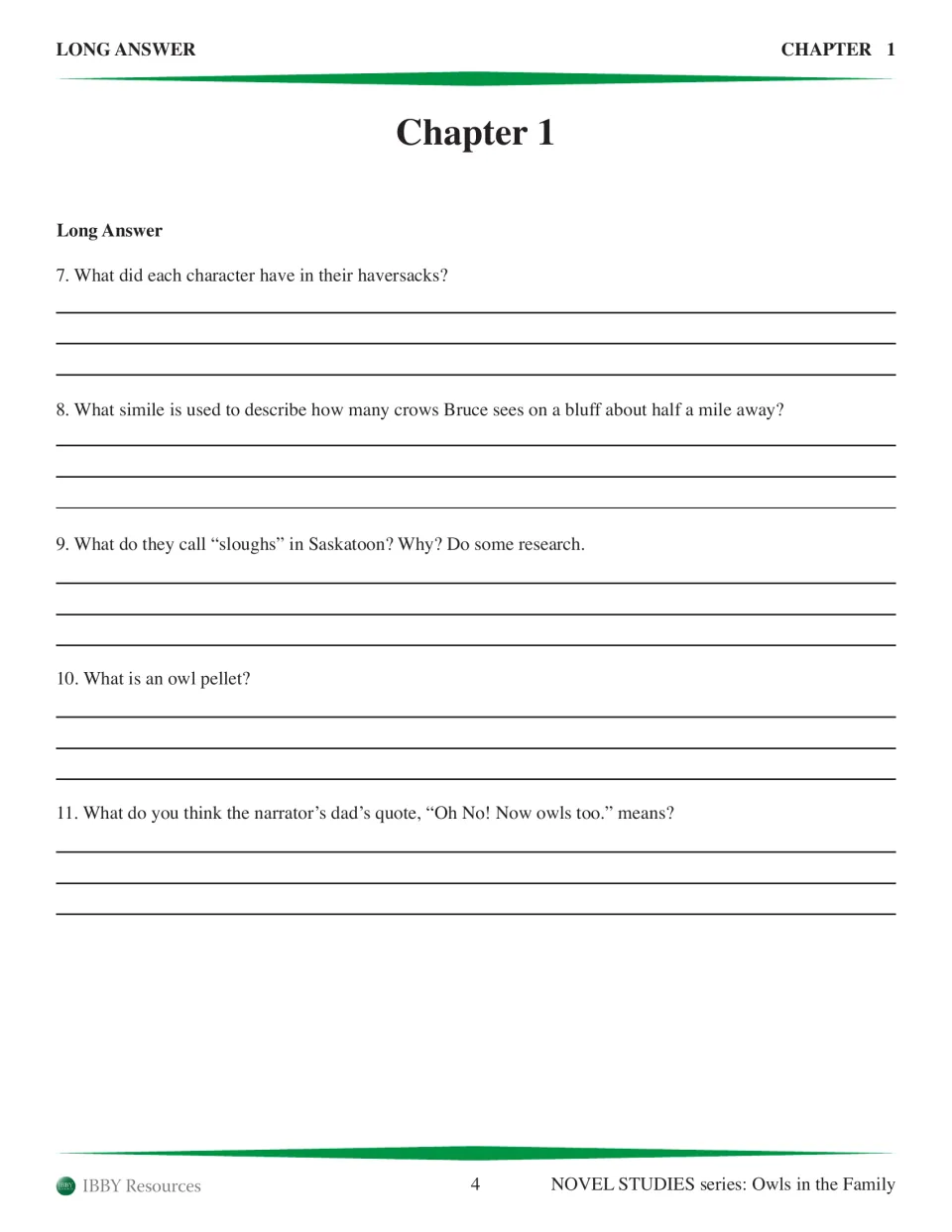 Chapter 1 long-answer questions 7–11 cover haversacks, a crow simile, sloughs, owl pellets and Dad's reaction