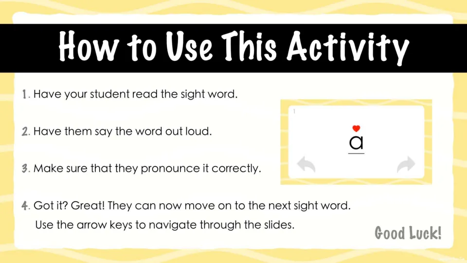 How to Use This Activity: four steps where the student reads each sight word aloud, checks pronunciation and moves on