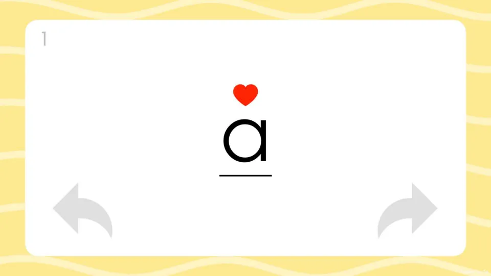 Card 1, the word a: students memorize it, with a red heart marking the irregular vowel sound