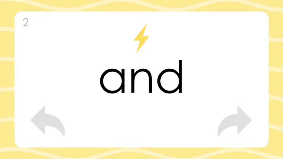 Card 2, the word and: a lightning icon marks it as a flash word students can decode with basic phonics
