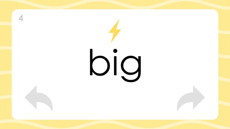 Card 4, the word big: lightning icon shows a short-vowel flash word students sound out and then read on sight