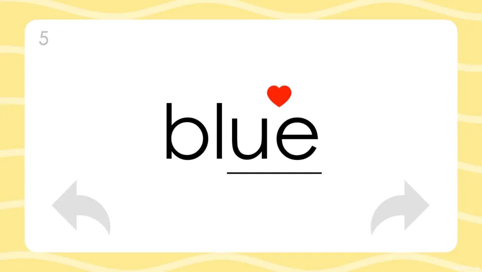 Card 5, the word blue: a heart above the underlined ue ending marks the spelling students learn by heart