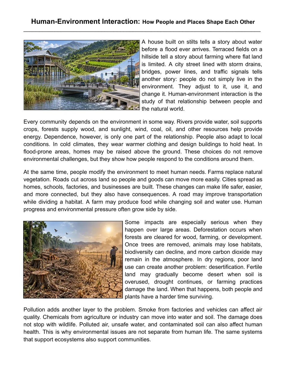 Human-environment interaction passage: students read how people adapt to, use and change land, with photos