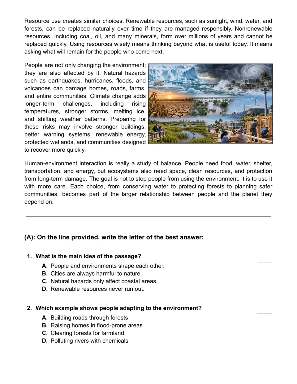Passage ends on resources and hazards, then multiple choice questions 1 and 2 on main idea and people adapting