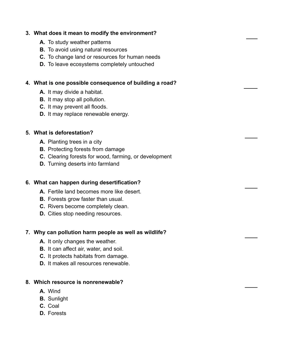 Multiple choice questions 3 to 8 on modifying the environment, deforestation, desertification and resources