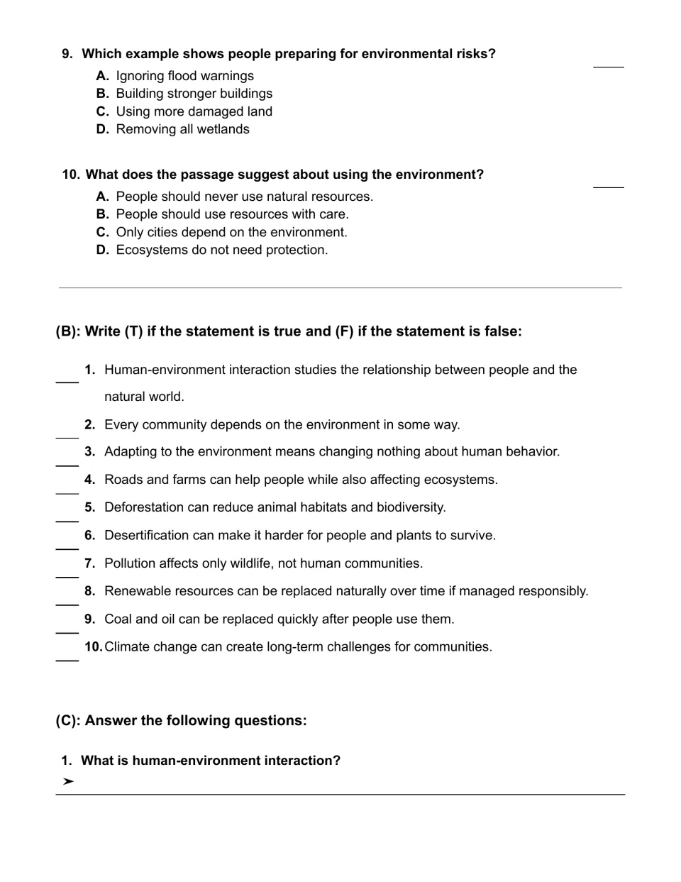 Multiple choice questions 9 and 10, then true or false statements 1 to 10 and the first short answer question
