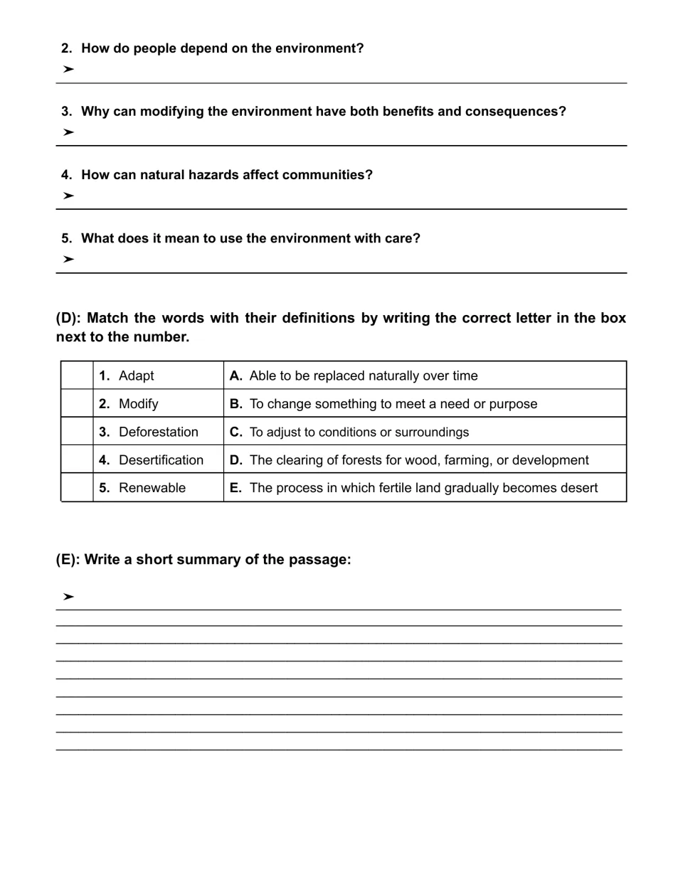 Short answer questions 2 to 5, matching five terms like adapt and renewable to definitions, and a written passage summary