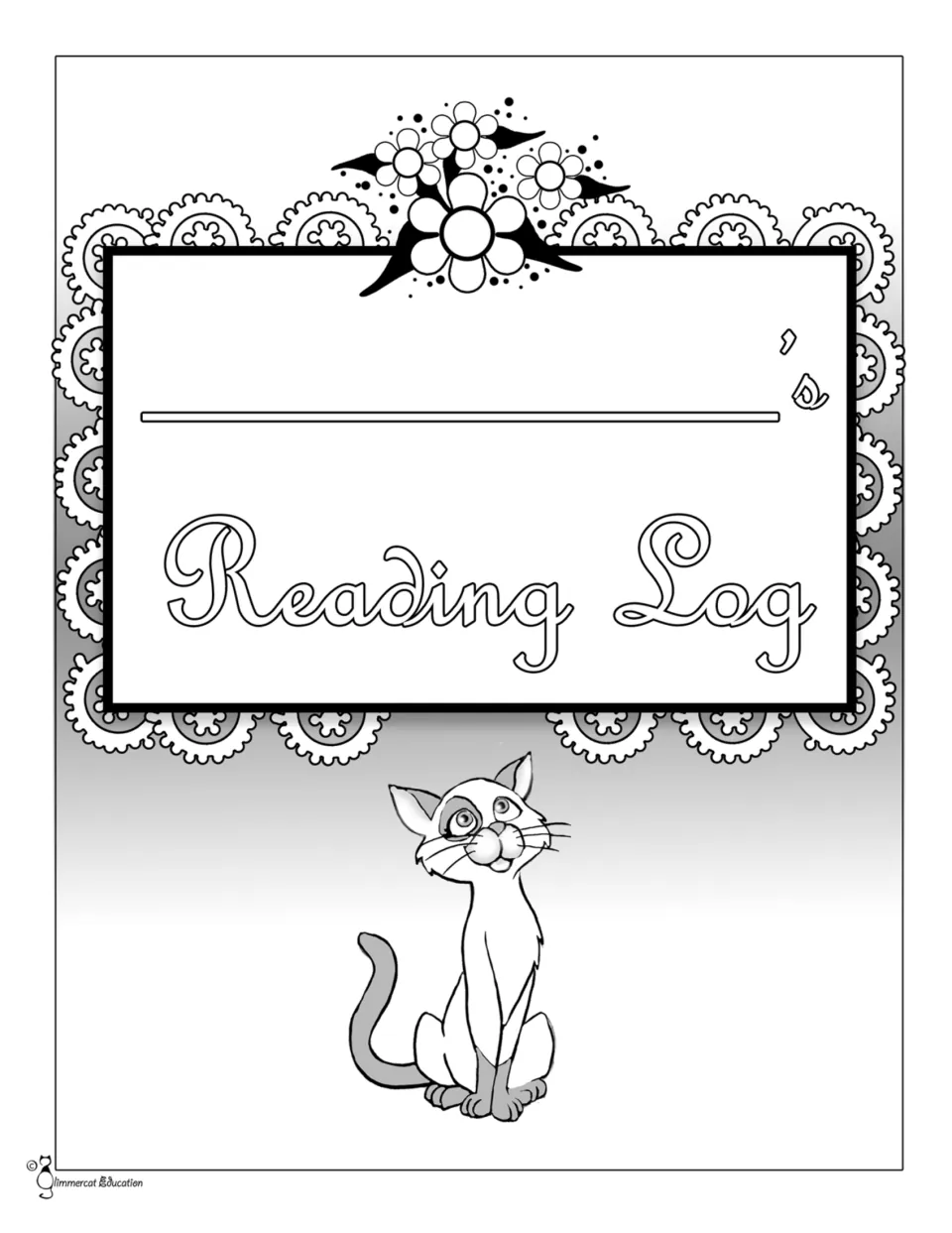 Black-and-white version of the name cover: students fill in '____'s Reading Log' and can color the flowers and cat