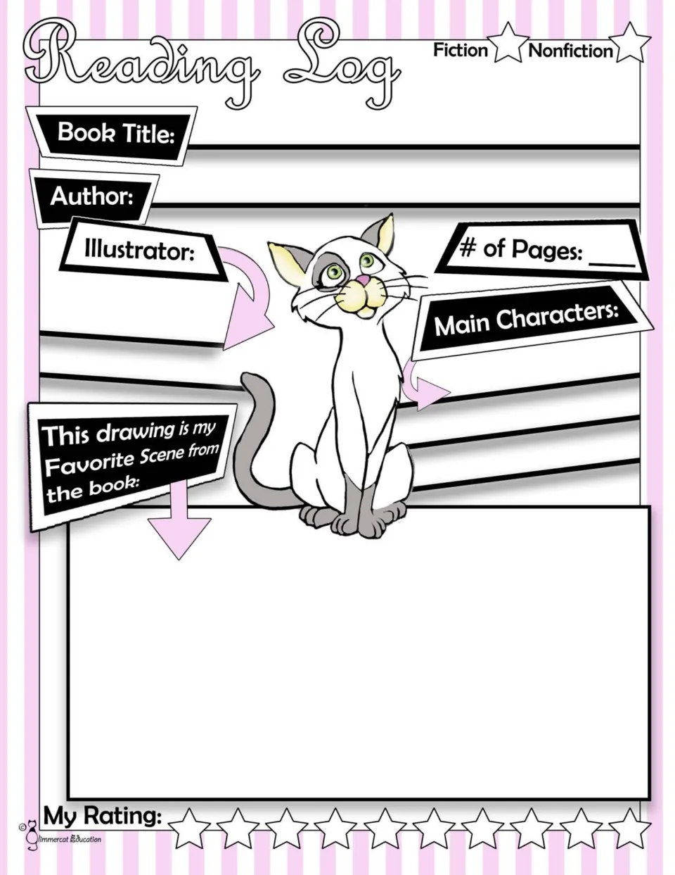 Book response log: students record title, author, illustrator, pages and main characters, then draw a favorite scene