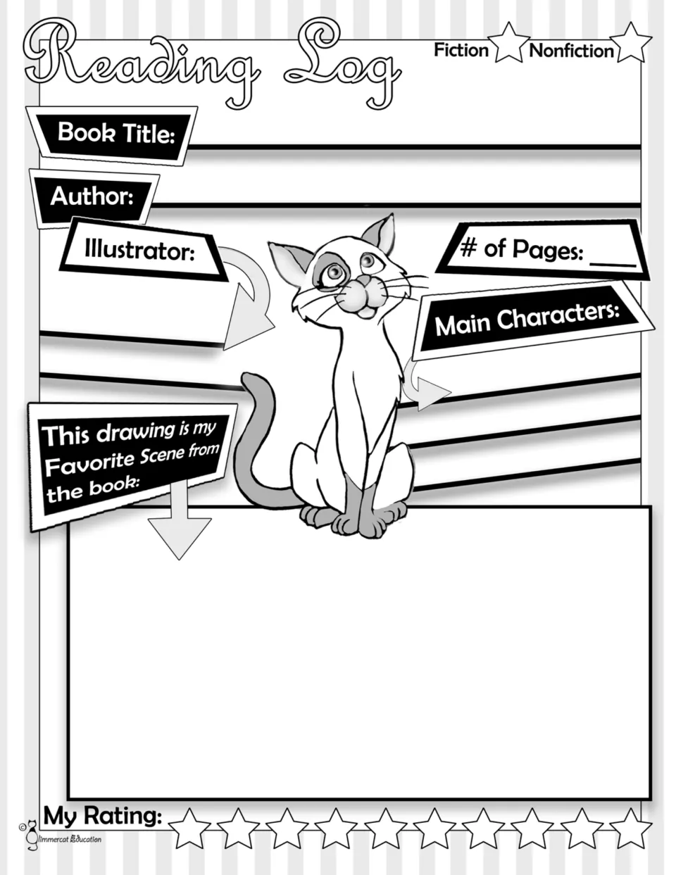 Grayscale book log: students mark fiction or nonfiction, list book details and main characters, and rate the book 1 to 10